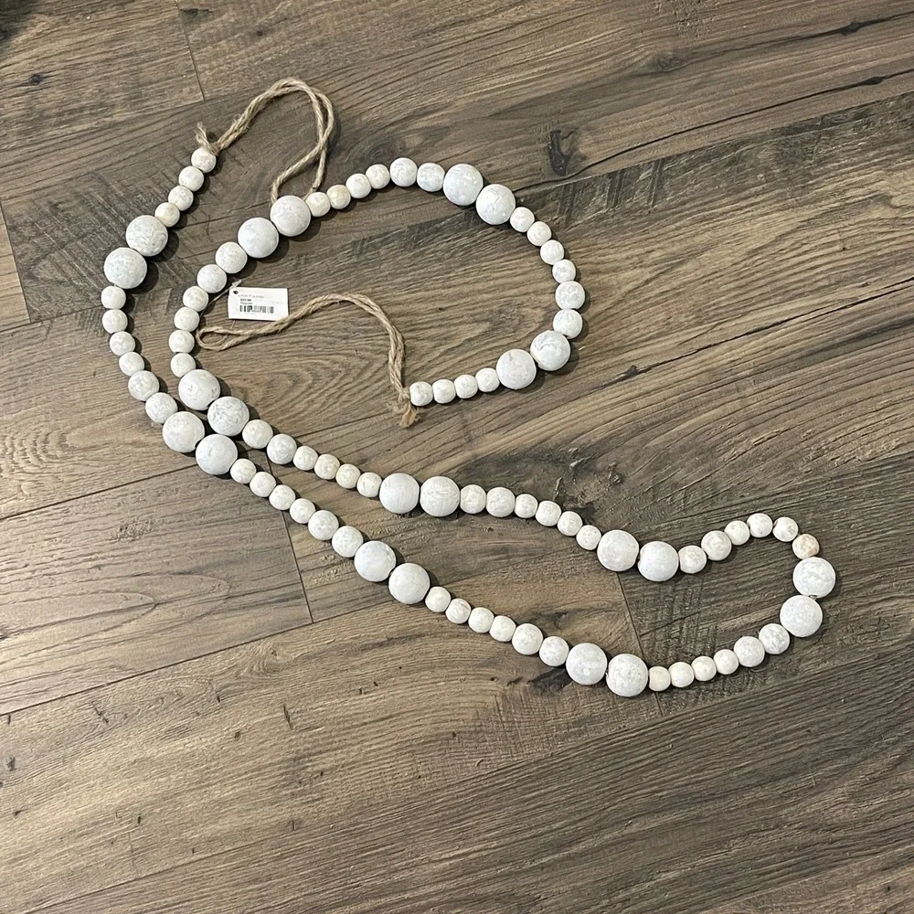 Vintage White Washed Wood Bead Garland Jute Tassel Farmhouse Decor 94 Inch